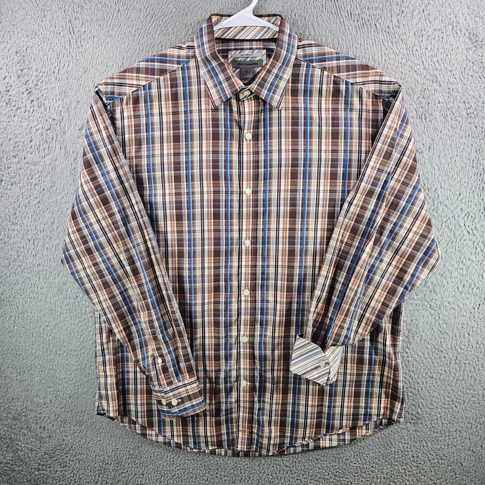 Johnston & Murphy Mens XL Tailored Fit Plaid Button Down Shirt Brown Blue Orange